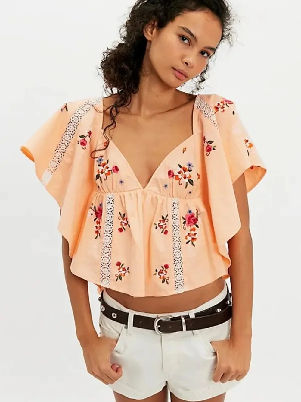 Free People Make Me Yours Embroidered Boho Crop Blouse Top Peach Size M NWT